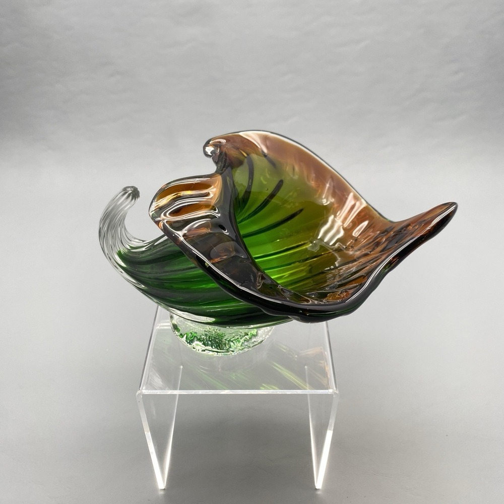 Vintage Hand Blown Art Glass Trumpet Vase Green Lily Flower Spiral